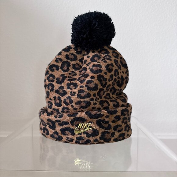 Nike Youth Cheetah Print Beanie Brown w/ Gold Swoosh & Black Pom – Winter Hat - Picture 1 of 8